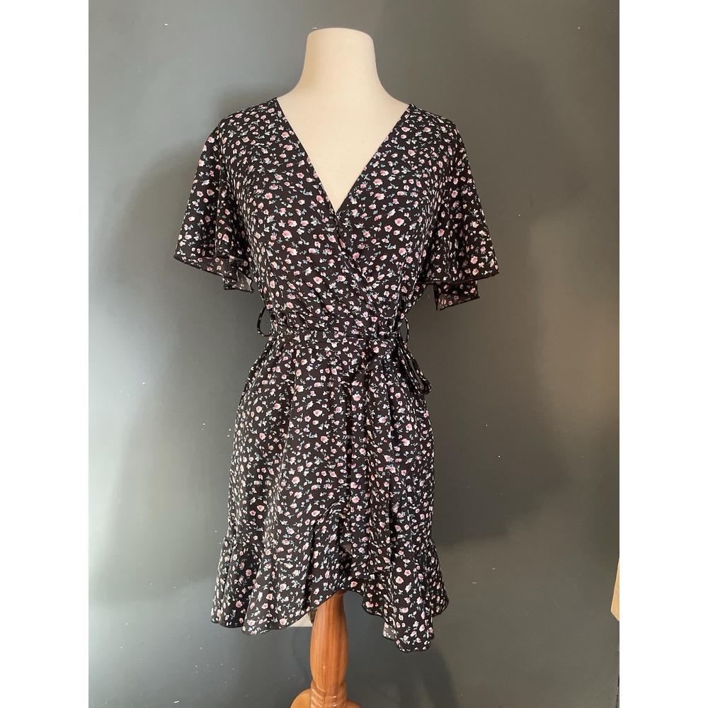 SHEIN‎ Floral Wrap Dress Flutter Sleeve Ruffle Hem Black Pink Blue Size S